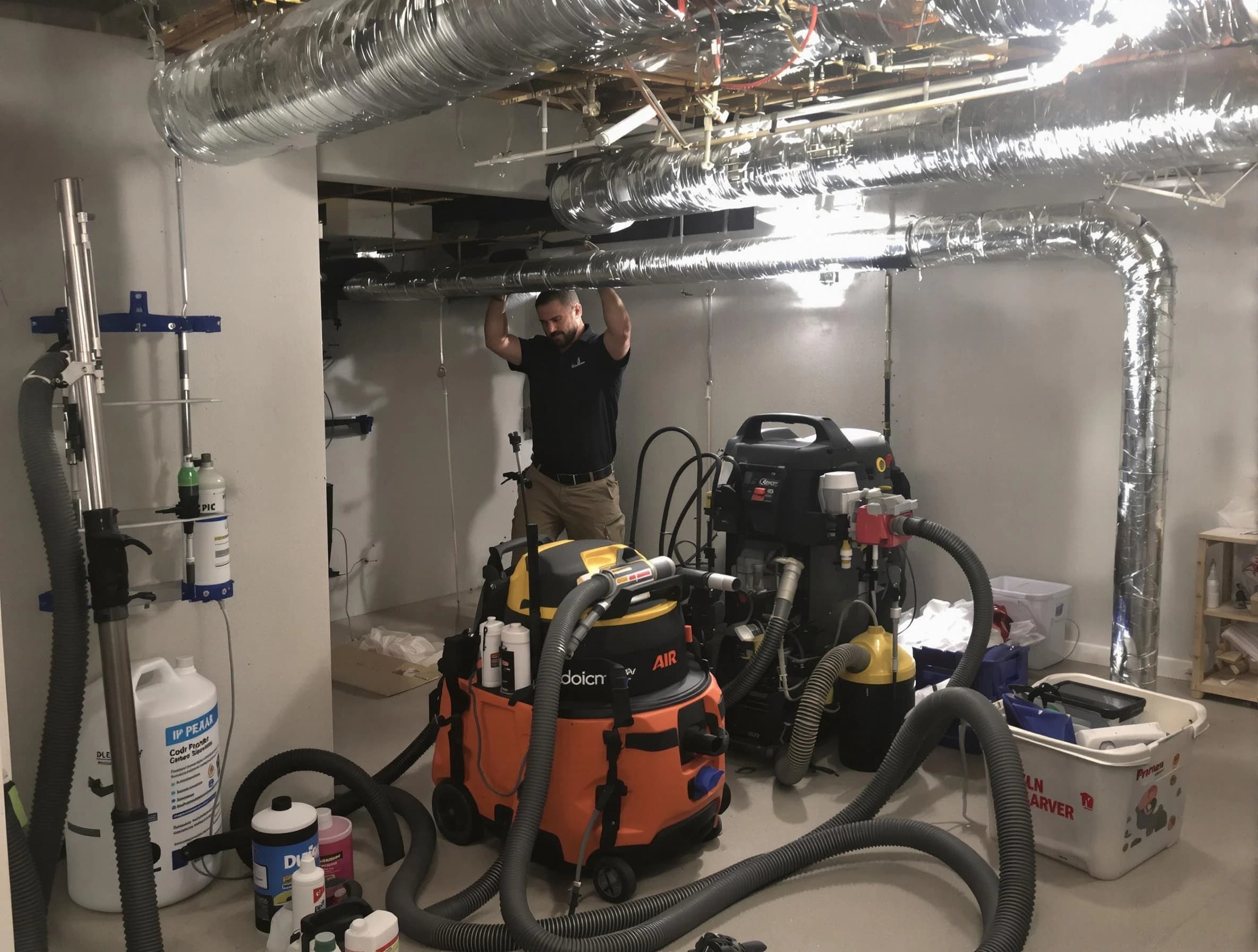 Greenwood Village Air Duct Cleaning specialist performing professional mold removal from air ducts using safety equipment in Greenwood Village